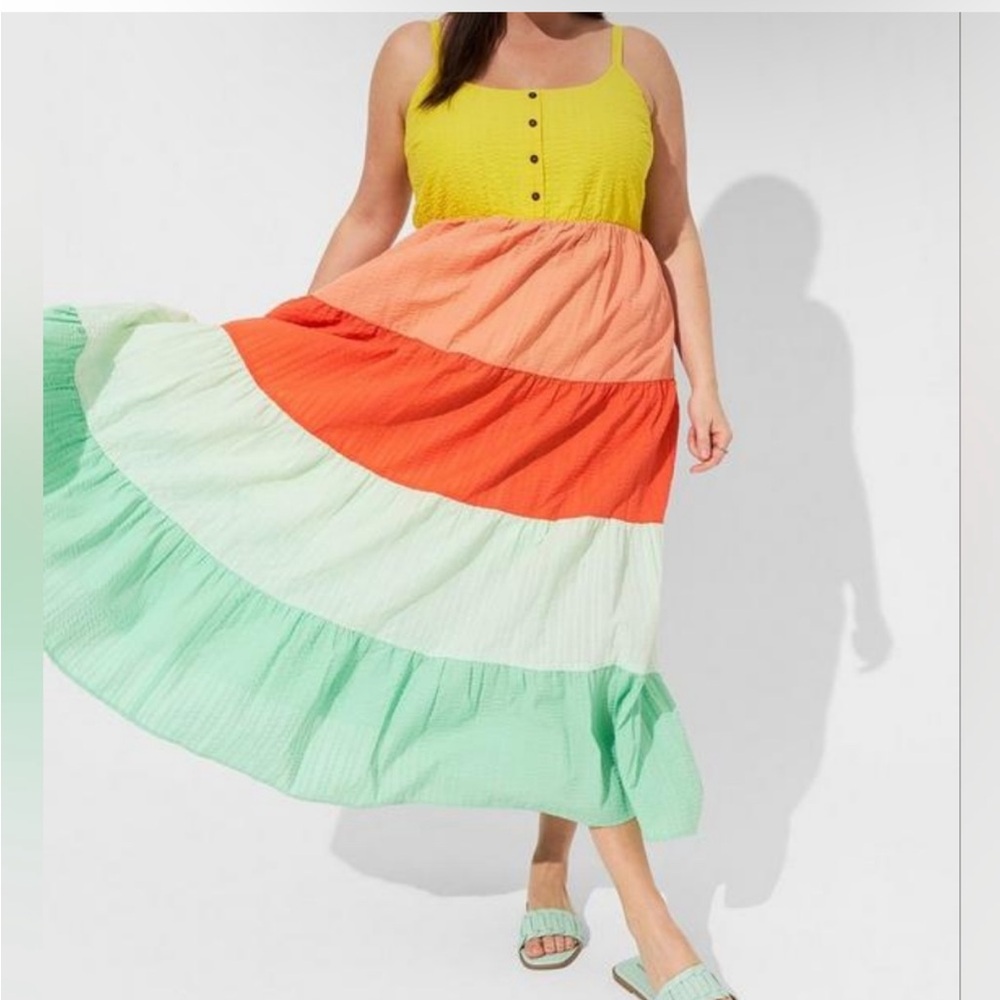 EUC Torrid Yellow Orange Green Seersucker Colorblock Tiered Maxi Dress Size 3x